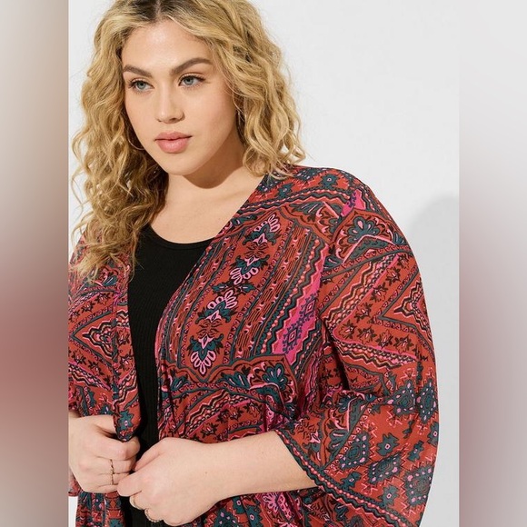 Torrid Boho Tribal Kimono Duster Pink Rust Print Size 5 (5x) - Picture 3 of 12